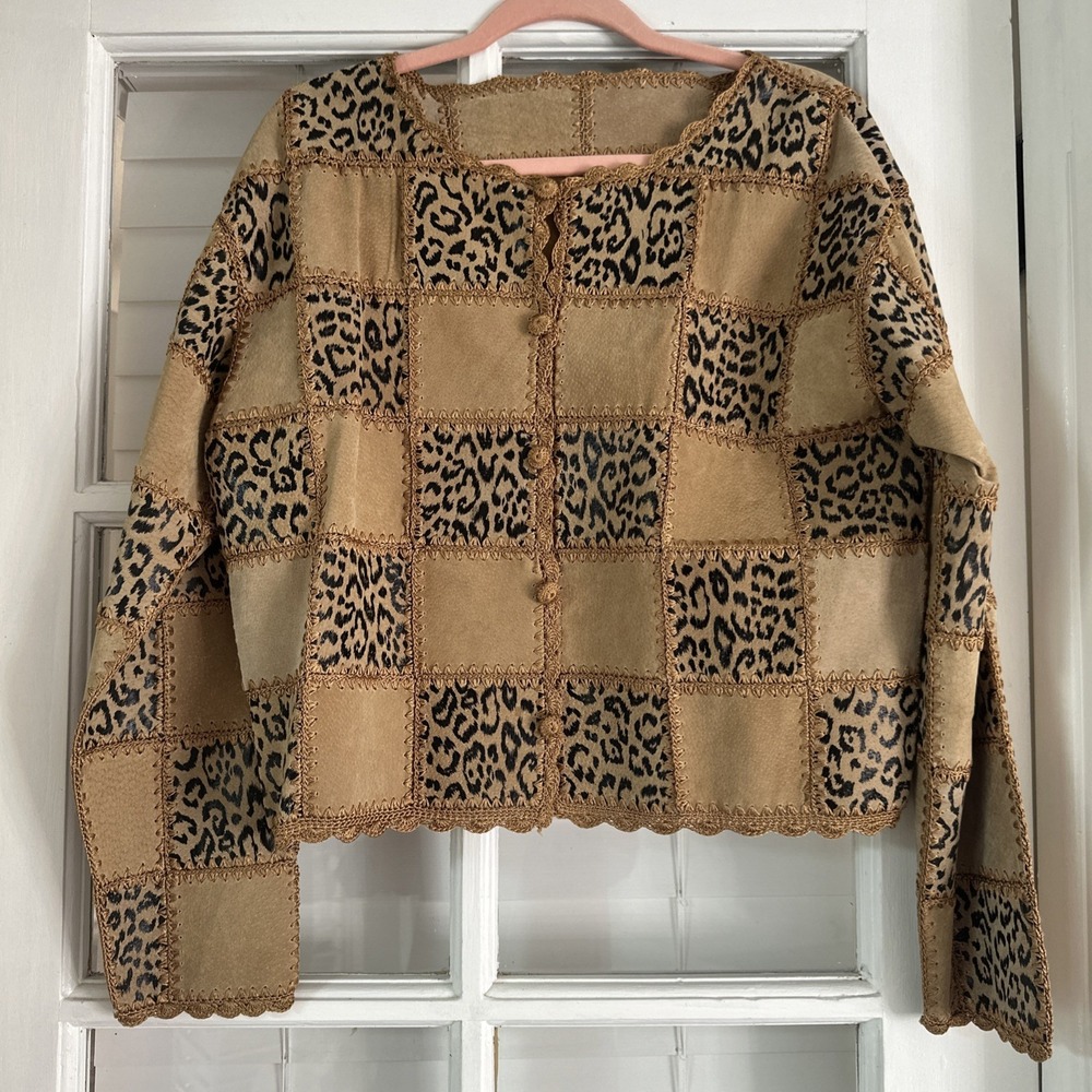 Vtg Boho SMH Boutique Leather Suede Jacket Western Patchwork Boxy Leopard Sz M